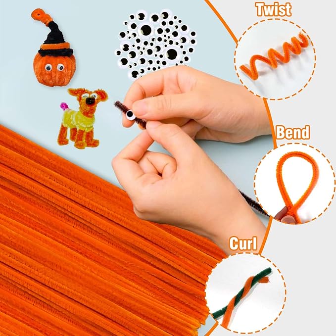 URSDIART (350pcs/Set) Orange Pipe Cleaners and Wiggle Eyes, Pumpkin Color Halloween Chenille Stems Pipe Cleaners Bulk 12 Inch Pipe Cleaners for Crafts DIY Creative, Christmas Decoration Art Supplies