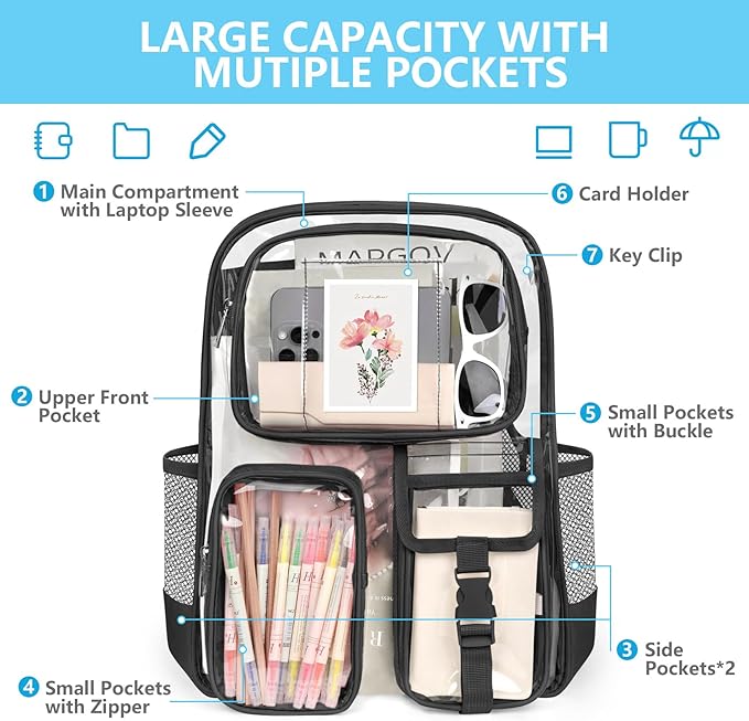 Black Clear Backpack, Heavy Duty PVC Clear Bag for Stadium Events, Transparent Backpack with Reinforced Straps & Stitches for Girls Boys, Large Capacity Bookbag for School, Travel, College, Work