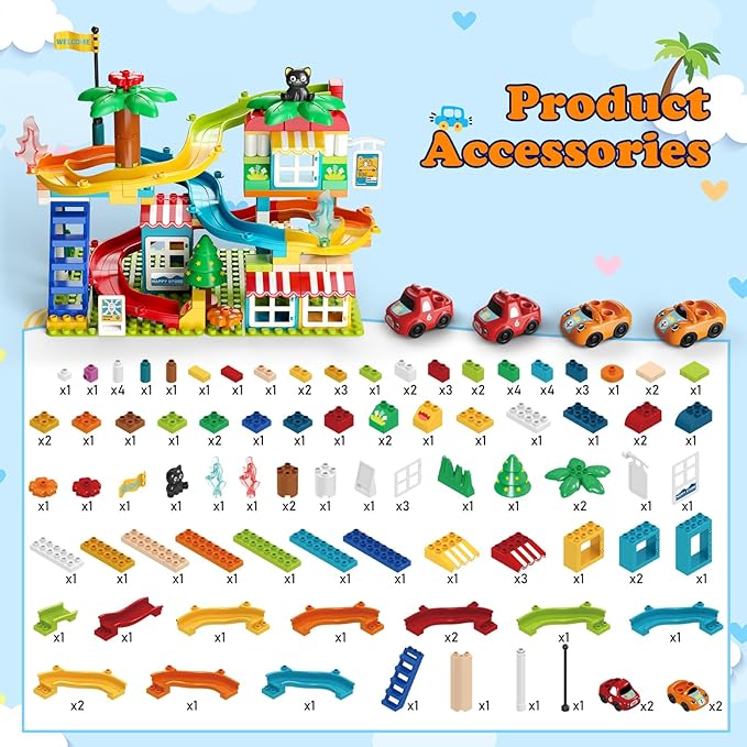 Marble Run Building Blocks,Classic Large Blocks Maze Track Sets with 4 Cars,STEM Toy Bricks Maze Puzzle Set Race Track Compatible with Major Brands for Age 3 4 5 6 7 8+ Boys Girls Gift