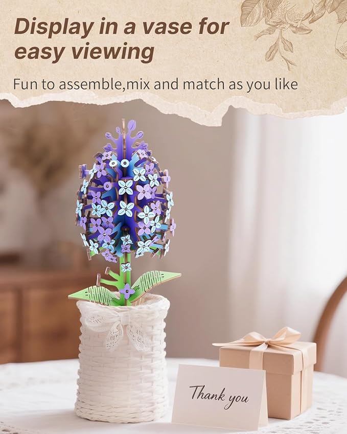 Welsky 3D Lilac Wooden Puzzles for Adults, DIY Wooden Flower Craft Kit, Artificial Flowers Model Kit to Assemble for Adults.(3.25 * 2.9 * 9.48 in 168PCS)