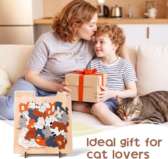 Wooden Cat Puzzle Game, Wooden Jigsaw Puzzles for Adults Kids, Unique Shape Puzzles, Cat Gifts for Women Girls and cat Lovers