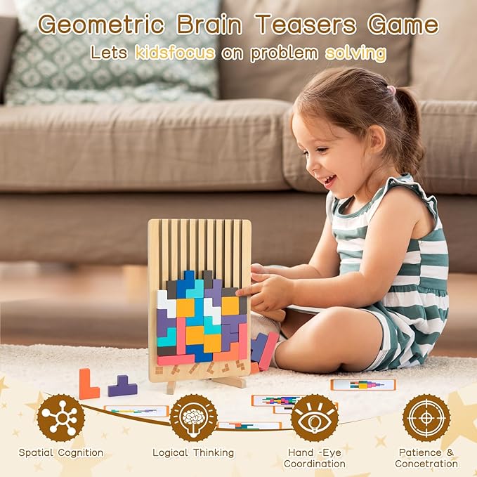 Wooden Stacking Puzzle Toy,3D Colored Wooden Puzzle,Russian Montessori Brain Blocks Puzzles Toys Gift for Boys and Girls,Board Jigsaw Game Toys for Brain Teasers for Toddlers 3-8Years