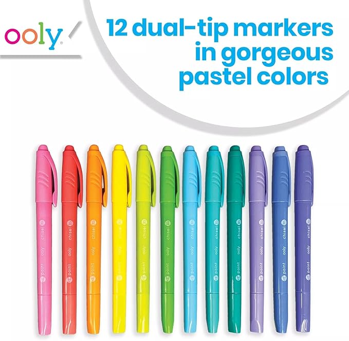 Ooly Pastel Hues Dual Tip Markers - Set of 12 Water Based Colors, Chisel and Point Tip on Each Marker for Kids, Double Ended Markers for Art Supplies & Stationery Sets - Chisel/Fine Tips