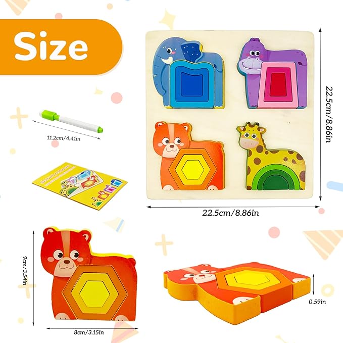 Wooden Montessori Toys for 3 4 Years Old Boys & Girls, Animal Shape Sorter Preschool Learning Toys for Toddlers, Preschool Toddler Puzzles Gift Ideas for Kids (Colored-B)