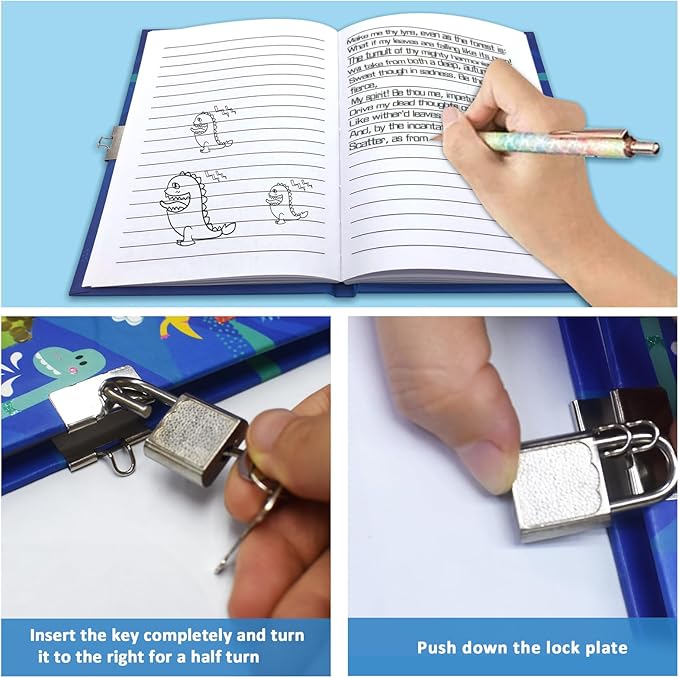 GINMLYDA Boys Diary with Lock for Kids, Dinosaur Diaries 7.1x5.3 160 Pages Boy Journal Secret Cute Notebook with Lock and Key for Little Kid Writing Drawing Gift for Pre school Age 6,8,12