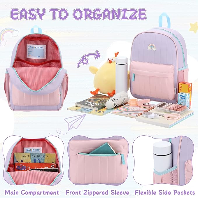 VASCHY Kids Backpack for Girls, Lightweight Quilted Color-blocked Bookbag Preschool Backpack for Kindergarten Children Light Purple Pink