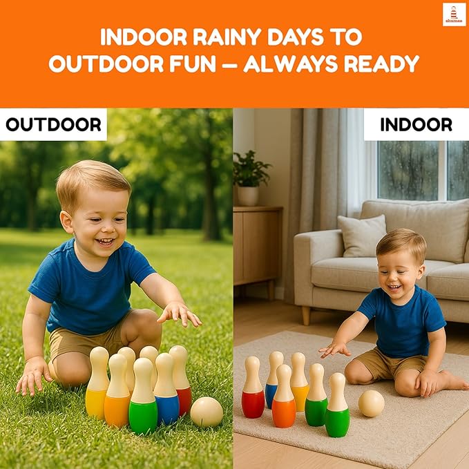 Shumee Montessori Wooden Kids Bowling Set 2+ Years, Eco-Friendly Toddler Bowling Sets with 6 Pins & Ball, Indoor/Outdoor Bowling Set for Kids, Muscle & Brain Development, 100% Child-Safe Toy