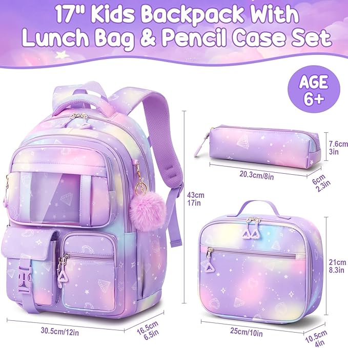 Fimibuke Kids Backpack for School Girls, 3Pcs Waterproof Girls Backpack with Lunch Box & Pencil Pouch - Lightweight Bookbag for Elementary Middle School Student Teens Ages 6+ Purple