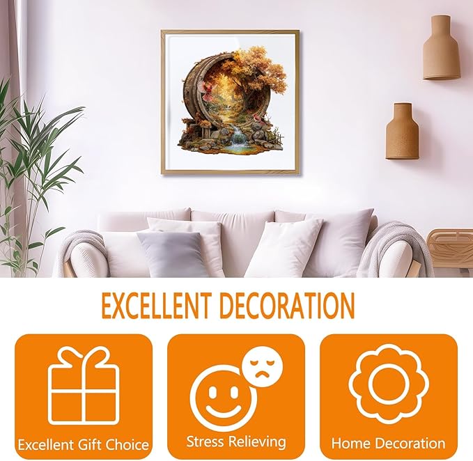 Wooden Puzzles for Adults, Scenery in Barrel Wooden Jigsaw Puzzle, Unique Shape Wood Puzzles Adult, Presents for Women and Men, Wall Art Home Decor (M-11.1 * 11in-190 Pieces)