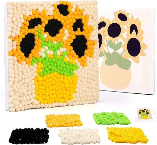 Pom Pom Painting Art Kit for Beginners, Perfect Craft Projects for Adults, Colorful Pom Poms and Supplies Included, DIY Pom Pom Painting on Paint Canvas(Sunflower)