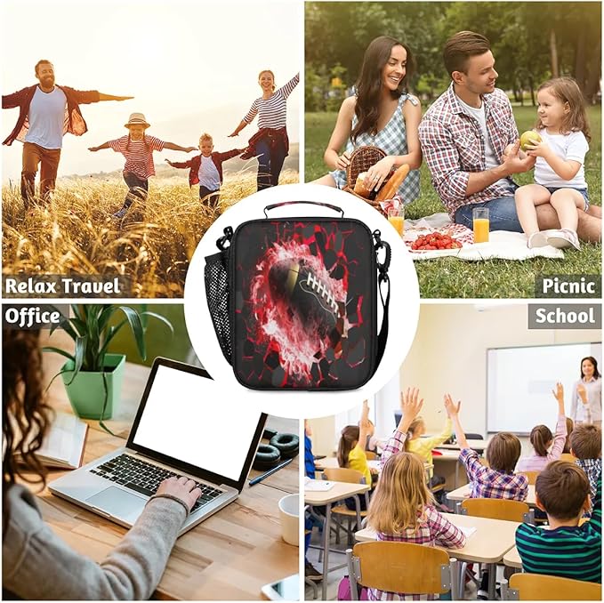 American Football Lunch Box for Boys Insulated Lunch Bag Reusable Portable Lunchbox with Adjustable Shoulder Strap and Water Bottle Holder for Work School Travel