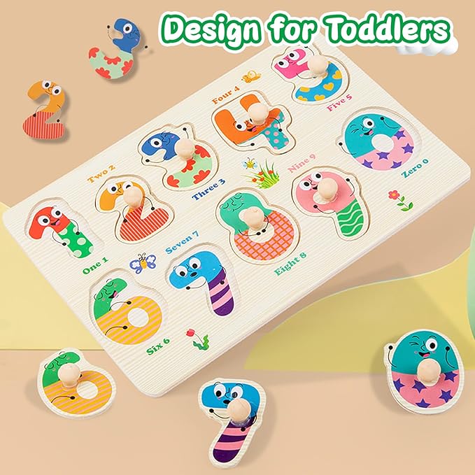 Wooden Puzzles for Toddlers,6 Pack Toddler Puzzles for Boys Girls,Montessori Toys for Baby,Preschool Learning Wooden Peg Puzzles for Kids with Farm,Insects,Numbers,Shapes,Animals,Fruits