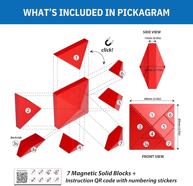 Pickagram Tangram 3D Magnetic Puzzle for Kids (8-12), Adults & Seniors | STEM Certified Fidget Puzzle - Magnetic Pattern Blocks for Cognitive Development, Creativity & Focus - Red