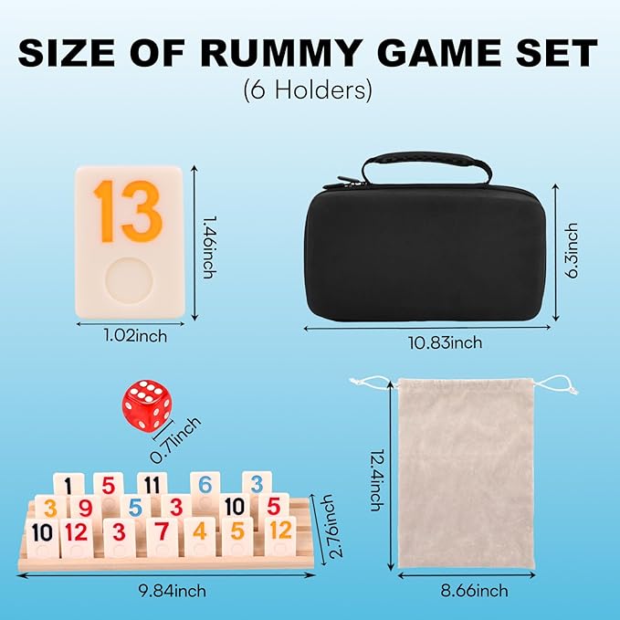Rummy Cube Game 6 Players with Portable Travel Case, 162 Melamine Rummy Tiles & 6 Wooden Holders, Classic Family Strategy Board Game for Adults Kids