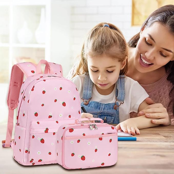 LEDAOU Kids School Backpack with Lunch Box for Girls Kindergarten BookBag School Bag Preschool Toddler Backpack (Pink Strawberry)