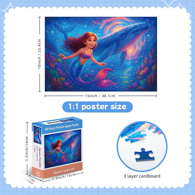100-Piece Mermaid and Whale Jigsaw Puzzle for Kids Ages 4-6 6-8 8-10, Fantasy Underwater Puzzle with Magical Ocean Scene โ Educational Toys and Birthday Gift for Girls and Boys