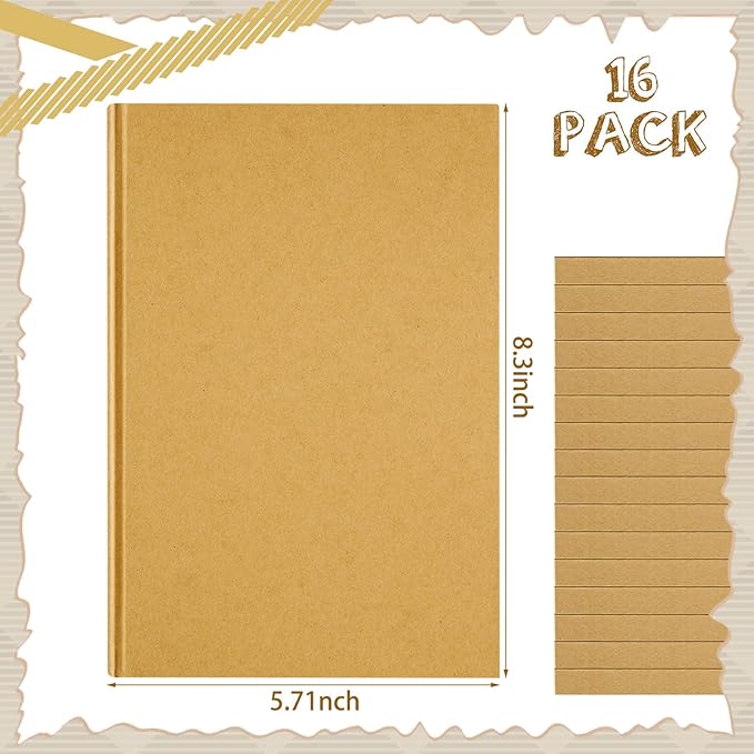 Henoyso 16 Pcs A5 Blank Notebooks Journals Bulk 100 Sheets/200 Pages Unlined Craft Notebooks Kraft Sketchbooks Hardcover for Writing Drawing for Gifts Students School Office Traveler, 8.3 x 5.7 in