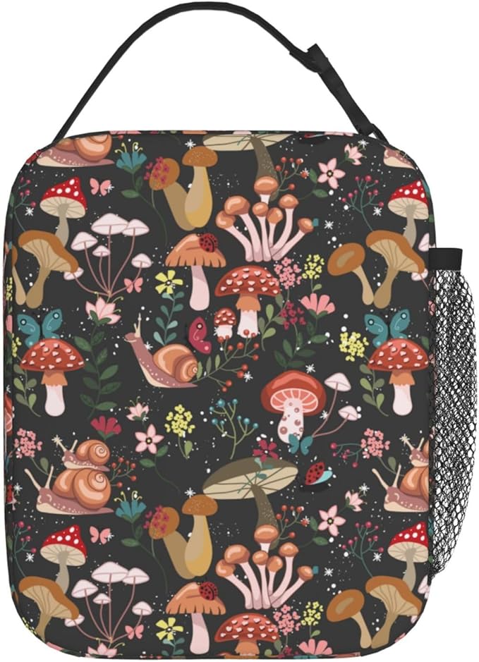 Mushrooms Snails Butterflies Reusable Lunch Box Food Bag Insulated Lunch Bag for Teenage Boys Girls School Beach