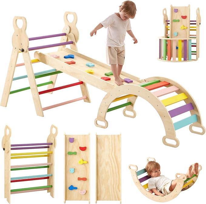 7 in 1 Large Pikler Triangle Set, Wooden Montessori Climbing Set, Foldable Toddler Baby Climbing Toys, Baby Climber Indoor Playground Jungle Gym for Toddlers Montessori Toys-Rainbow