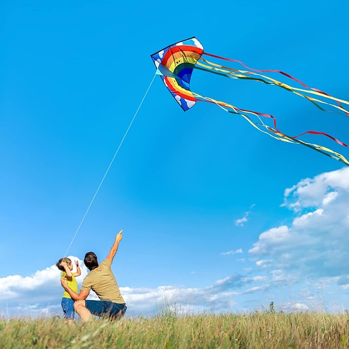 HONBO Large Delta Kite for Kids & Adults,Extremely Easy to Fly Kite for Beach Trip,String Line Included,with Colorful Tail,Perfect for Beginners