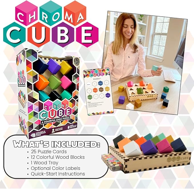 Project Genius: Chroma Cube, A Colorful Logic Puzzle, 12 Colorful Wood Blocks, 25 Brainteaser Cards, Puzzle, Great Gift, 1 Player Game Logic
