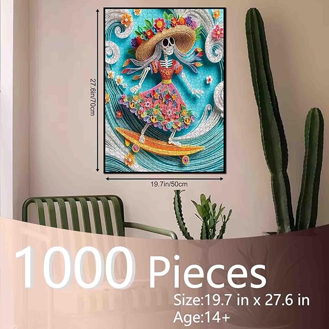 Tucocoo Skeleton Surfing 1000 Piece Jigsaw Puzzle for Adults, Colorful Floral Fun Challenging Puzzle for Family Game Night Vibrant and Relaxing Puzzle for Stress Relief Activities Home Decor Gift