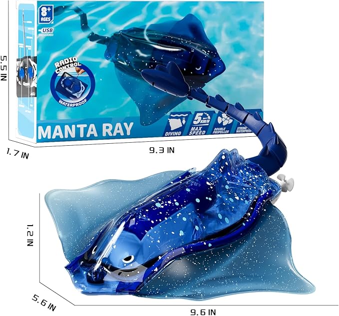 Remote Control Shark Toys for Boys Kids, 1:18 Scale High Simulation Manta Ray for Pool, Electric RC Shark Stingray Fish Pool Outdoor Toys with Light & Diving Function for 5 6 7 8 9 Year olds Kids Boys