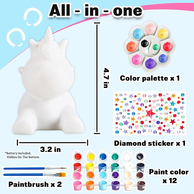FUNZBO Paint Your Own Unicorn Lamp Kit - Arts and Crafts Supplies Painting Kits for Kids Teens Adults, DIY Night Light Unicorn Toy for Toddler Girls Age 3 4 5 6 7 8 9 10 11 12 13 + Birthday Gifts