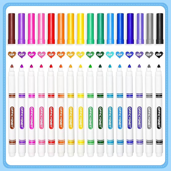 Officygnet 192 Count Washable Markers Bulk, 16 Assorted Colors, Conical Tip with Fine & Broad Line Coloring Marker for Kids, Markers Bulk for Classroom, School Art Supplies, Back to School Essentials