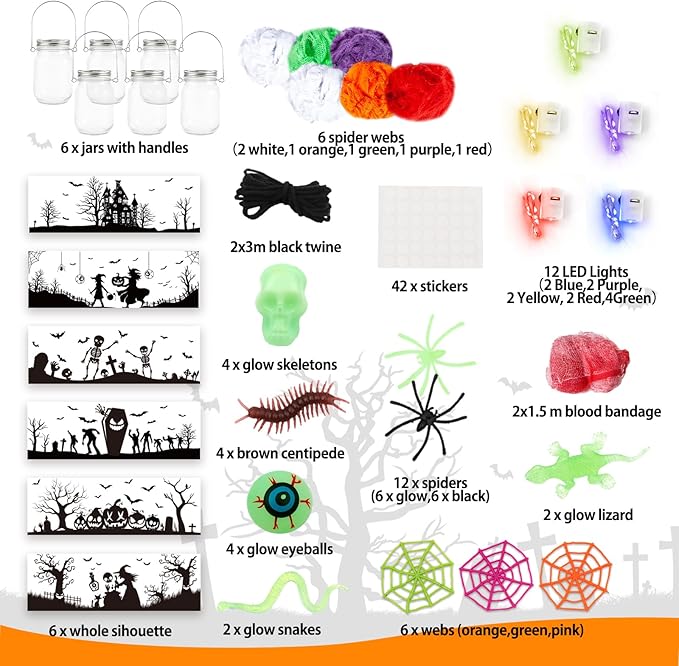 Shemira Halloween Craft Kit - 6pc Glass Mason Jar DIY Lantern Kit, Party Supplies for Kids