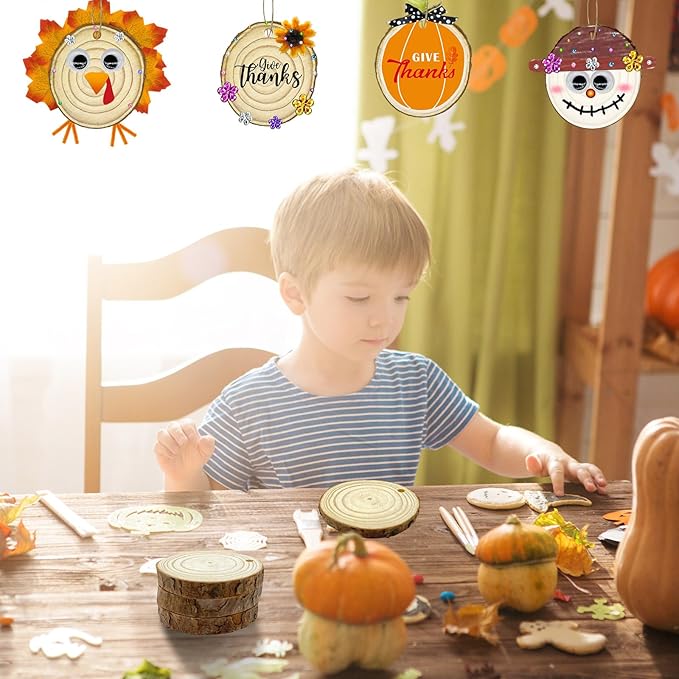 24 Set Fall Wooden Painting Crafts Kit,Unfinished Wood Slices with Holes Round Log DIY Crafts Hanging Ornaments Thanksgiving Fall Pumpkin Painting Kits Bulk for Classroom Activity DIY Art Projects