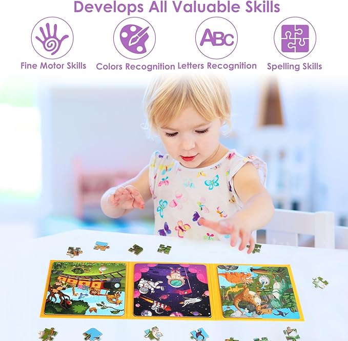 Magnetic Puzzles for Kids Ages 4-6, 36-Piece Toddler Travel Toys Animals and Space Puzzles Ages 3-5, Educational Learning Magnets, Ideal Road Trip Activities Toys for 3 4 5 6 Boys and Girls