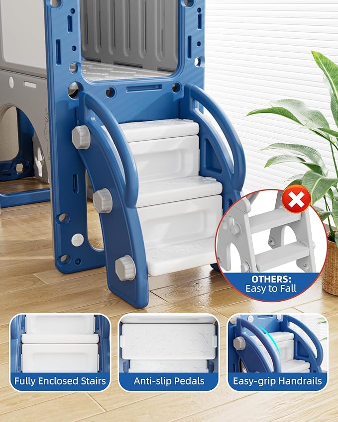 YUFU 13 in 1 Toddler Slide and Swing Set, Kids Slide for Toddlers Age 1-3, Toddler Playset with Golf Set, Basketball Hoop and Drawing Board, Outdoor Indoor Playground (Blue)