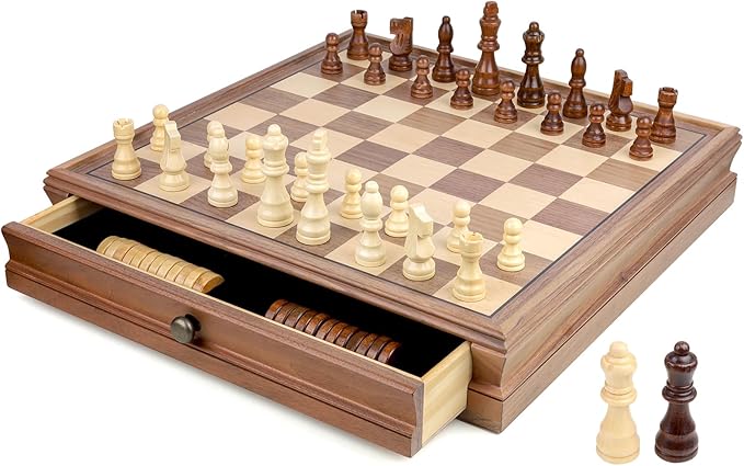 REEIVER 15" Wooden Chess Sets with Built-in Storage Drawer, 2 in 1 Chess& Checkers Board Games for Adults and Kids