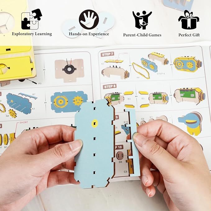 Kosmickiss 3D STEM Wooden Puzzles for Kids, 3D Wooden Models with Voice Recorder, Science STEM Building Kit Creative Craft Toys for Boys Girls Age 8-13 Years Education Birthday Gifts (Yellow Robot)