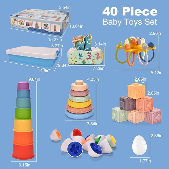 Montessori Toys for 1 Year old,Baby Toys 6-12 Months,6-in-1 Sensory Toy for Babies 6 month old,Stacking Blocks Cups,Pull String,Matching Eggs,Sensory Tissue Box Toy for Toddlers 6-9-12 Months Gifts