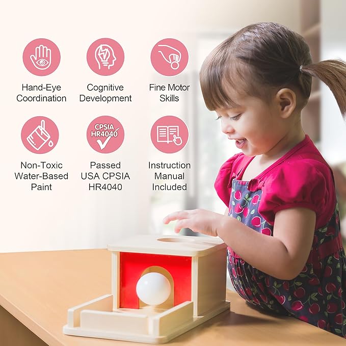 Montessori Wooden Object Permanence Box Toys for Babies, Ball Drop Toy with Tray for 18+ Months Kids, Fine Motor Toys for 2 3 Years Old, Sensory Toy Early Age Learning Materials
