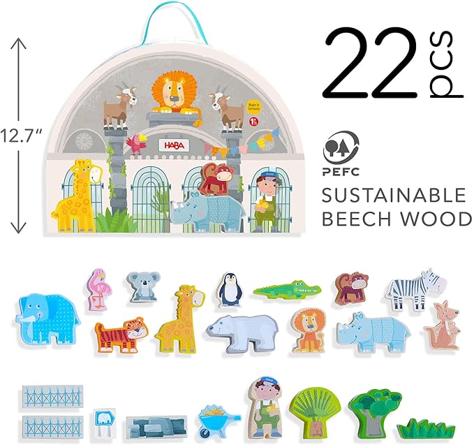 HABA Wooden Animal Playset - Play World at The Zoo, STEM Educational Toy with Zoo Animals & Accessories, Preschool Learning Toy for Ages 2+, Made in Germany