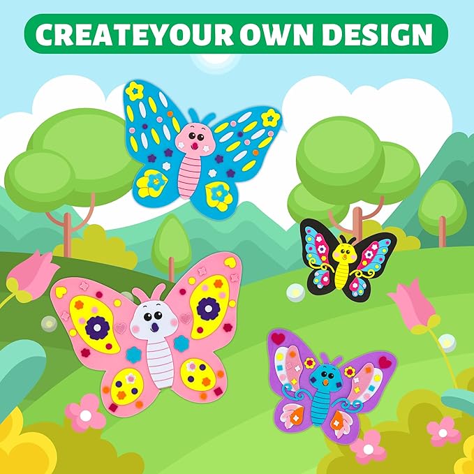 VKPI 4 Butterflies Foam Art Crafts Gift Kit, Creative Make Your Own Butterflies, Cartoon Paper Craft Projects for Kids Ages 4+ Toddler, Preschool Learning Toy for Birthday Party Favor Supplies