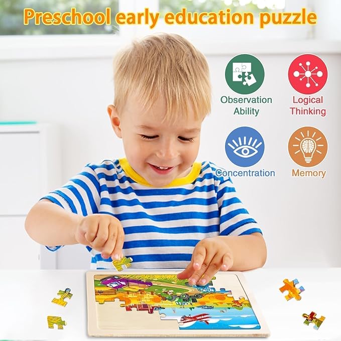 Wooden Vehicle Puzzles for Kids Ages 4-6,6 Pack 60Pcs Jigsaw Wooden Car Puzzles for Toddlers 3-5,Preschool Educational Toys Gifts for Children Ages 4-8,Kids Learning Toys for 4+ Year Boys Girls
