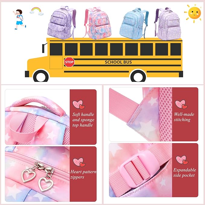 3Pcs Kids Backpack Set for Girls with Matching Lunch Bag, Girls School Bag Backpack for Kids