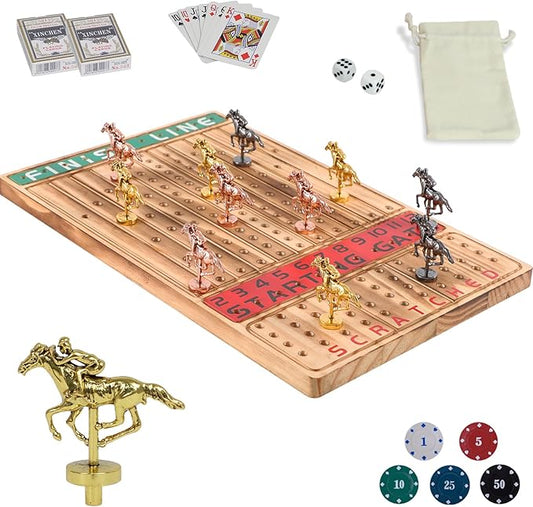 HOROW Horse Racing Board Game Solid Wood Horse Race Card and Dice Board Game Luxury Edition Set with 11 Metal Horses,100 Poker Chips,2 Dices and 2 Boxes of Cards