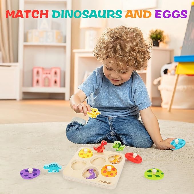 Wooden Puzzles for Toddlers 1-3, Dinosaur Matching Egg Puzzle Montessori Toys for 1 2 3 Year Old Boy Girl Gifts, Preschool Education Learning Toys