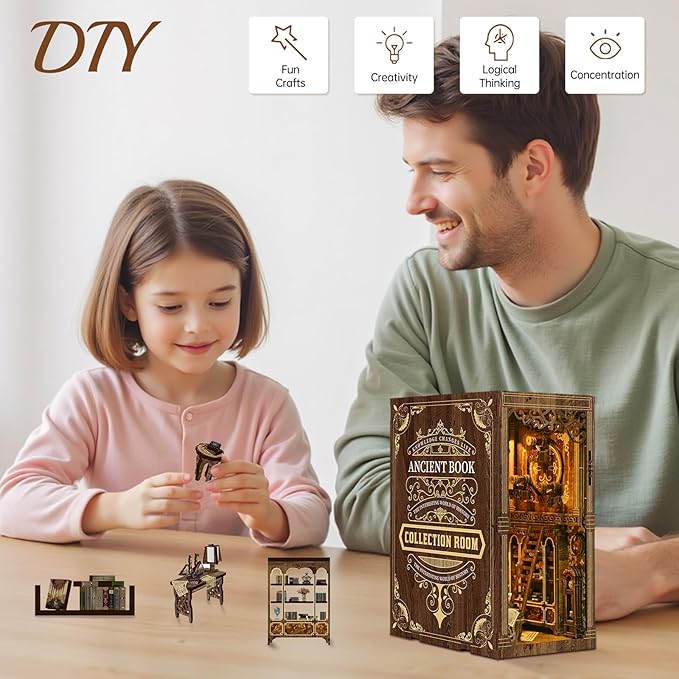 Book Nook Kit - DIY Enchanted Cottage Miniature House for Adults & Teens, 3D Wooden Puzzle Booknook with LED Lights, Bookshelf Insert Decor & Creative Model Building(Antique Books Collection Room)
