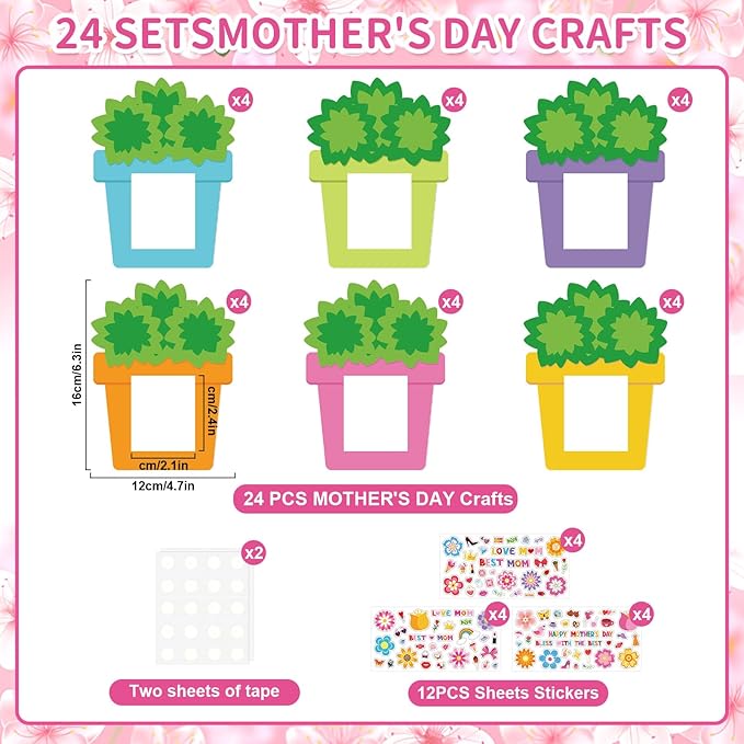 24 PCS Mother's Day Picture Frame Ornaments Paper DIY Photo Frame Craft Set Hanging Decorations For Mother Gifts(Flower)