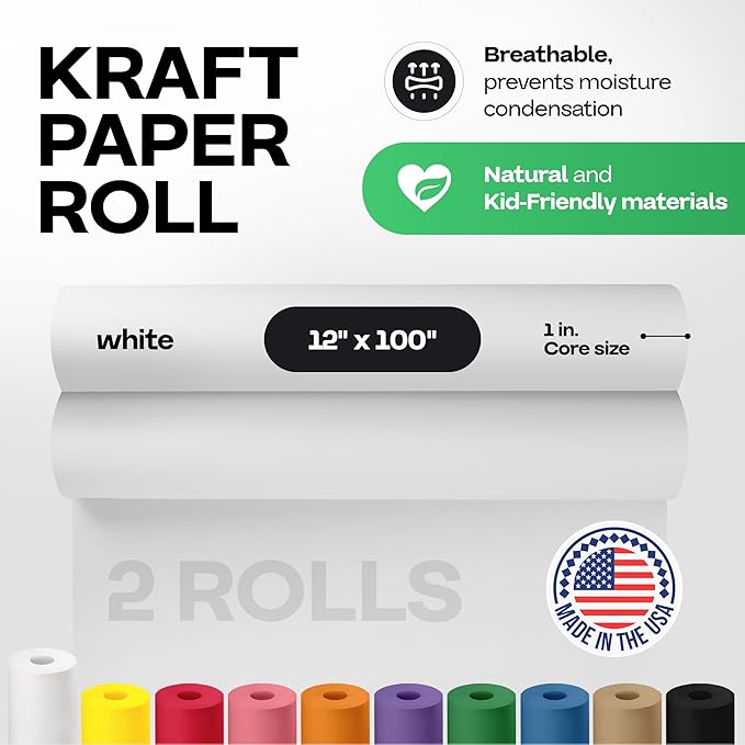 12" x 1200" (100 ft) White Kraft Paper Roll, Pack of 2 - USA-Made Quality Craft Paper for Gift Wrapping, Kids' Arts & Crafts, School Projects - 100% Recycled, 50 lb Natural Material by IDL Packaging