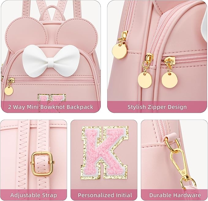 KKXIU Girls Initial Bowknot Cute Mini Backpack for Toddler, Travel Small Girl Backpacks, Personalized Trendy Stuff Gift for Little Girls and Kids(K, Pink)