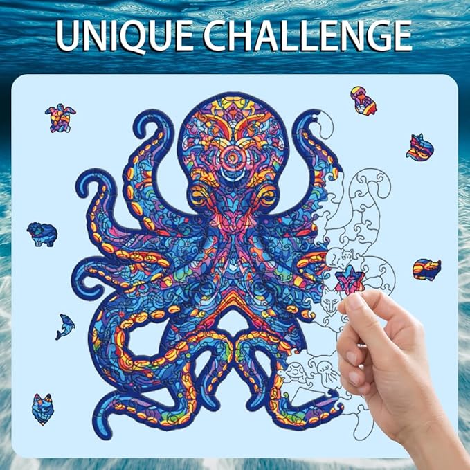 200 Pieces Octopus Wooden Puzzles for Adults, 11.8x11 Inches Octopus Jigsaw Puzzles, Ocean Wood Puzzle, Unique Shape Octopuses Puzzle Gift for Jigsaw Lovers Family Game Home Decor