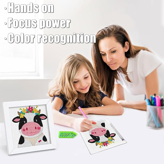 geesfayan Diamond Art Kits for Kids Ages 8-12,6 Inch DIY Gem Art Painting with 7 Inch Frame, Complete Starter Kit for Beginners, Creative Arts & Crafts Gift for Girls & Boys (Cartoon Calf)