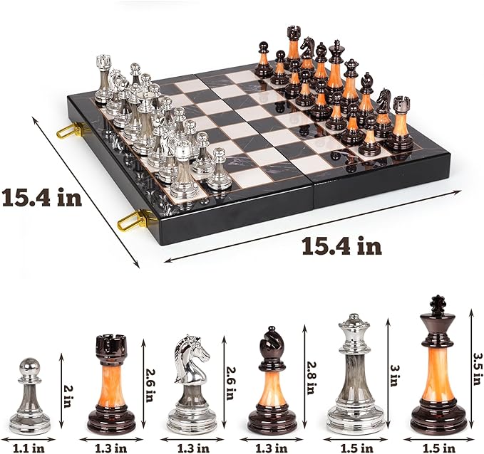 15" Large Chess Set for Adults and Kids With Weighted Acrylic Pieces, 3.5" King & Portable Folding Marbling Wooden Board - Travel Set, Family Board Game Gift, Elegant Classic Game